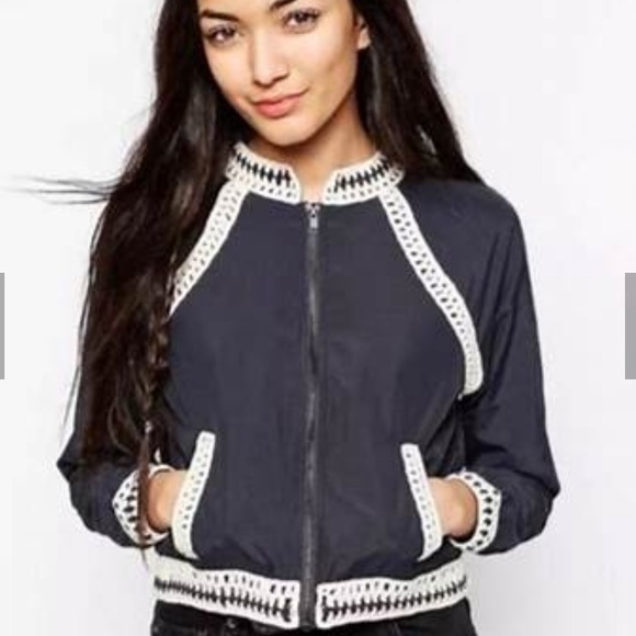 Free People baseball jacket cropped crochet trim Size Large - Picture 5 of 16